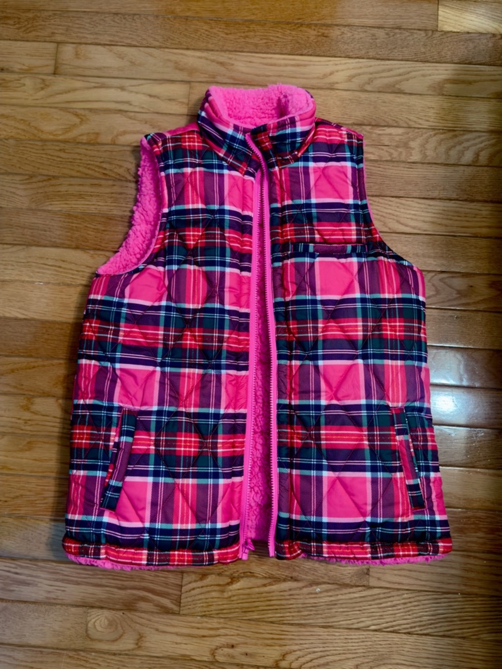 Crown and Ivy plaid reversible puffer vest.